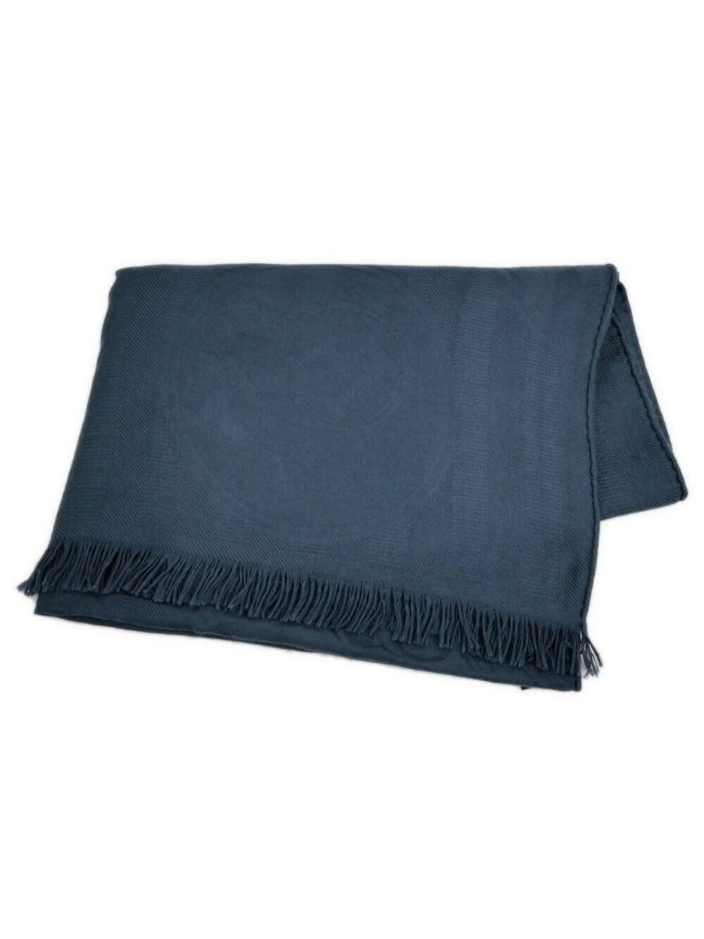 Hermes Shawl New Libris Navy Cashmere Silk Scarf Fringe Large